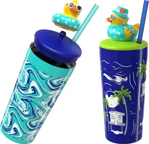COOL GEAR Pop Topper 2-Pack 16 oz and 20oz Stainless Steel Tumbler with Straw, Interchangeable Character Topper, BPA-Free Reusable Insulated Cup, Leak-Resistant Lid, 2 Pack