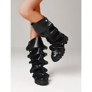 WomenMidCalfBootsPlatformHeelsRouchBootsFoldOverChunkyHeelShortBootiesRoundToeWideCalfPull-OnSharkBootsDailyPartyY2KDressShoesBlackBootsGirlFootwearRubberOnyxCourt