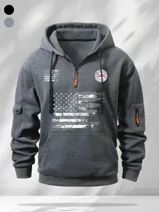 Men's Fleece Hoodie, American Vintage Flag Print, Half-Zip Design, Casual Daily Wear, Warm Comfortable, Fall & Winter Fashion Jacket