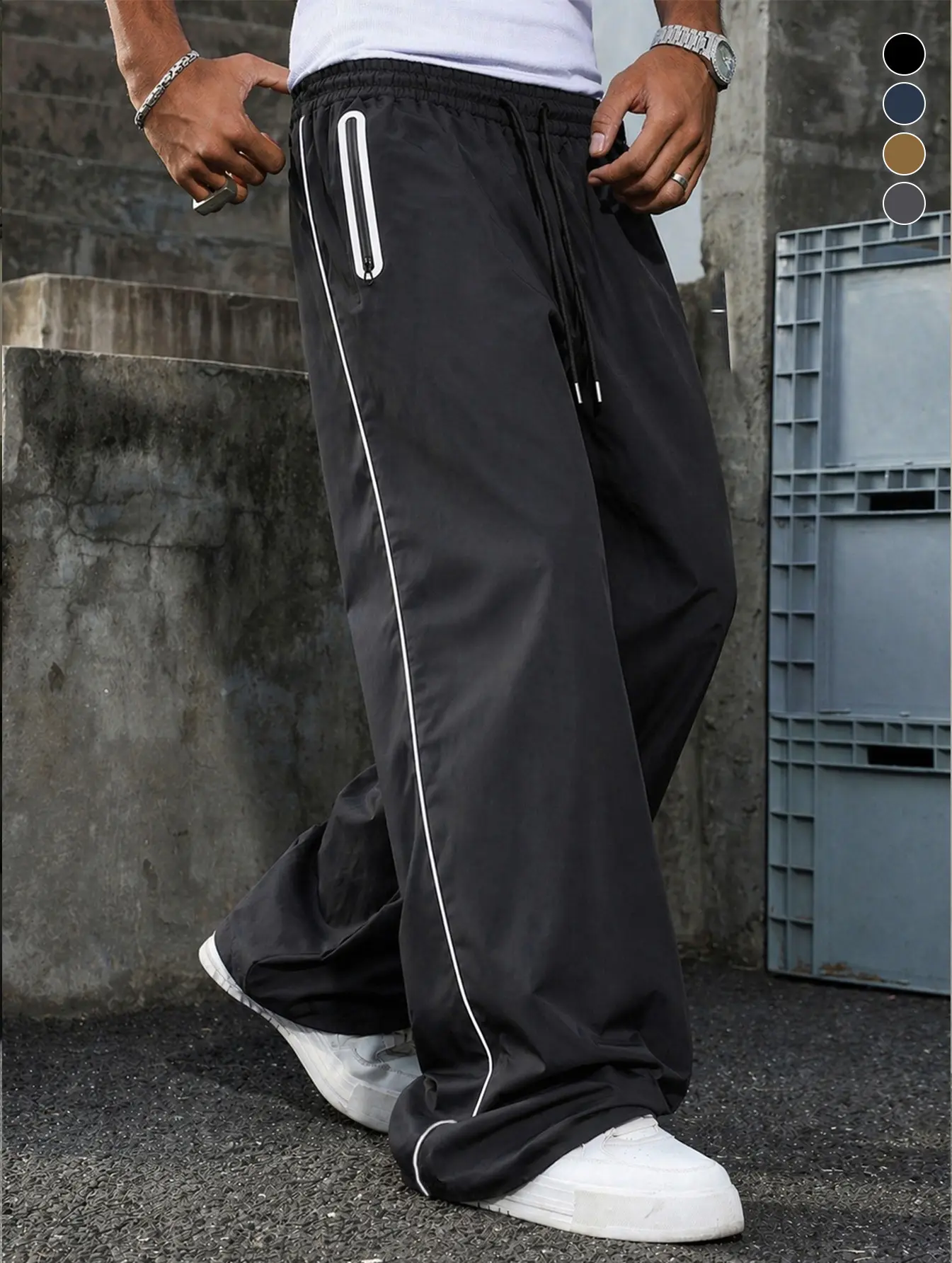 Men’s Y2K nylon track pants with side stripes, elastic waistband, drawstring, baggy joggers for streetwear and everyday wear