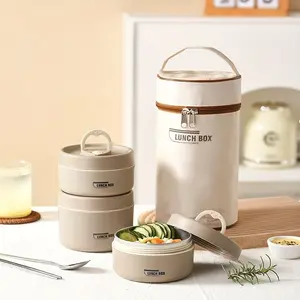 Stainless Steel Portable Microwave Insulated Lunch Box Set, Includes 3 Round Bento Boxes and 1 Storage Bag, Ideal for Home Office School