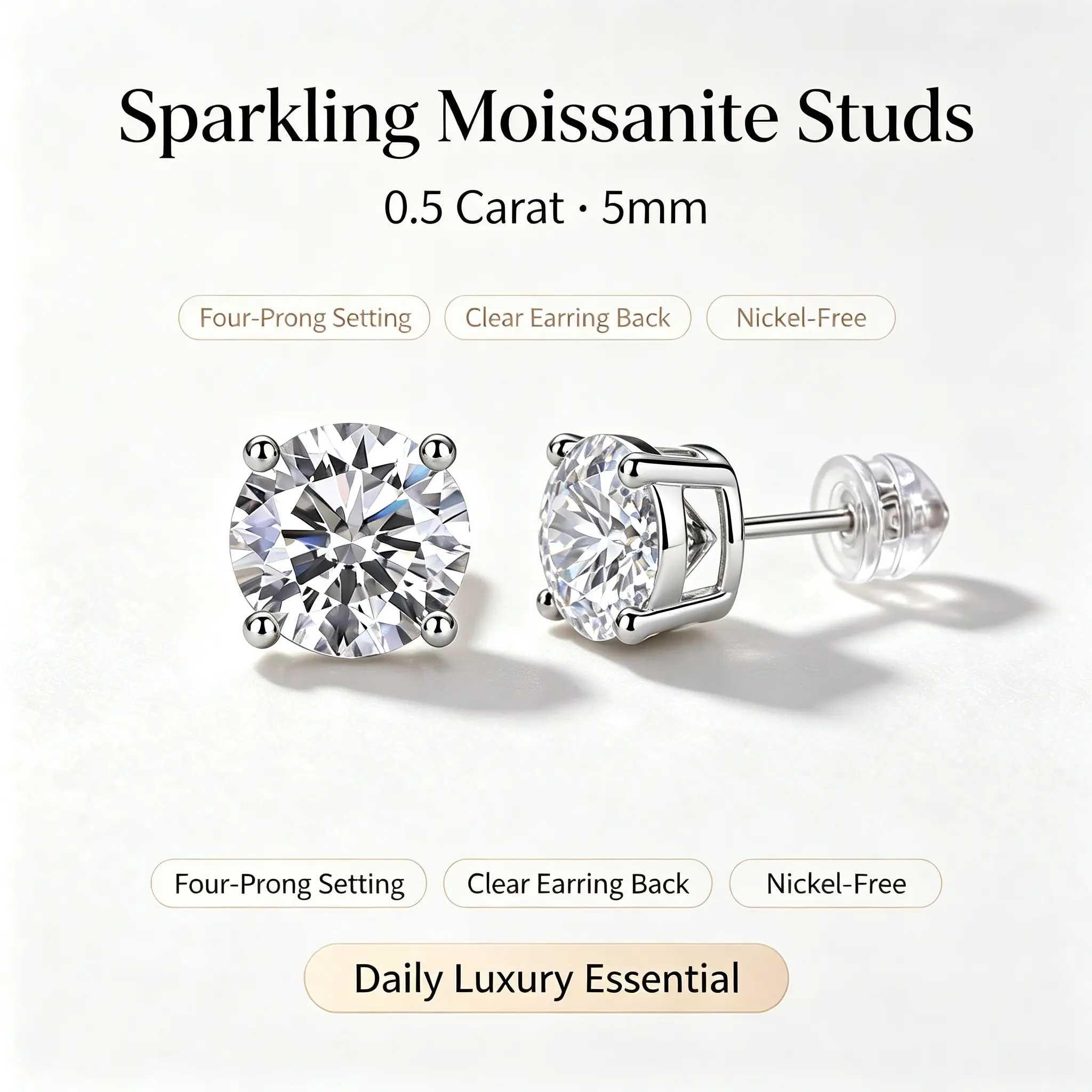 Women's 0.5 Carat Moissanite Stud Earrings, 5mm Brilliant Cut, Hypoallergenic Stainless Steel Everyday Solitaire Earrings Jewellery Gift for Women, Ideal for Birthday & Christmas