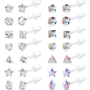 14Pairs Clear Plastic Earrings Stud Earrings for Women Rhinestone Acrylic Stud Earrings Clear Piercing Retainer for Sport Work