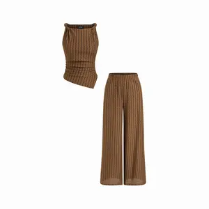 Cider Boat Neck Twist Asymmetrical Hem Ruched Top & Mid Rise Geometric Straight Leg Trousers Set