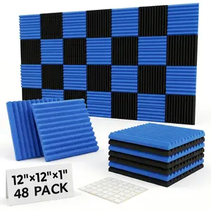 48 Pieces Black and Blue Soundproof Foam Panels, 1x12x12 Inch High Density Acoustic Boards, Noise Reduction Studio Wedges, Includes 260 Adhesive Pads