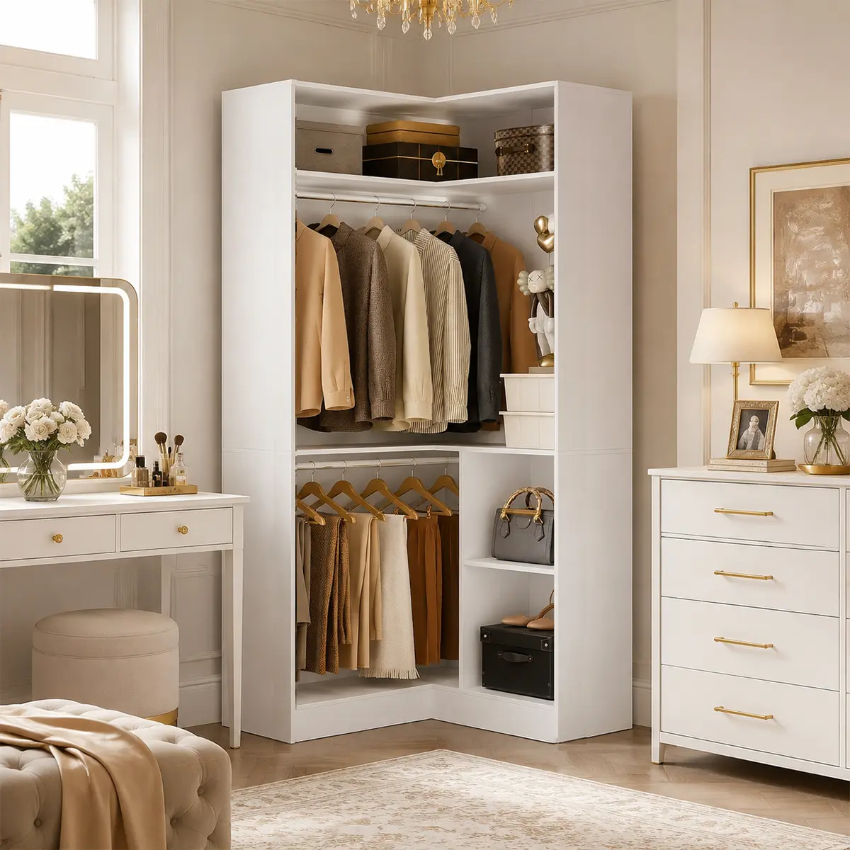 L-Shaped Closet Organizer System, Modern Heavy Duty Corner Wardrobe with Dual Hanging Rods & Shelves, 750+ LBS Capacity