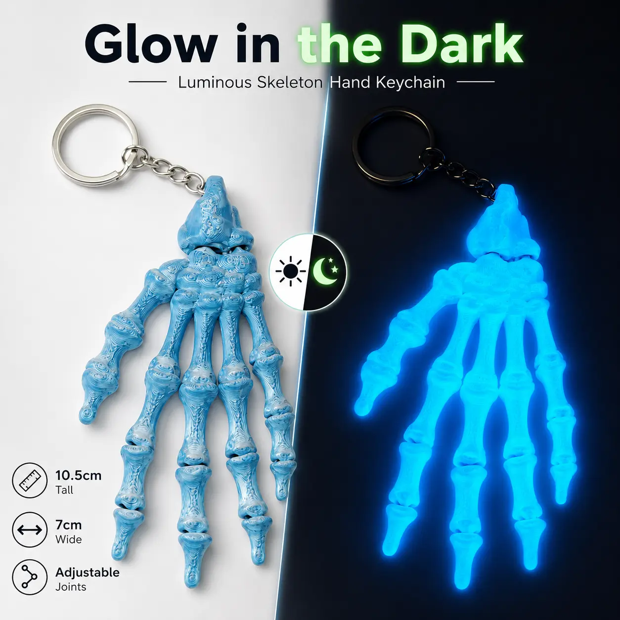 Skeleton Hand Keychain, Glow-in-the-Dark with Adjustable Joints, Novelty Blue Luminous Bag Charm, Spooky Halloween Accessory for Car Keys & Backpacks