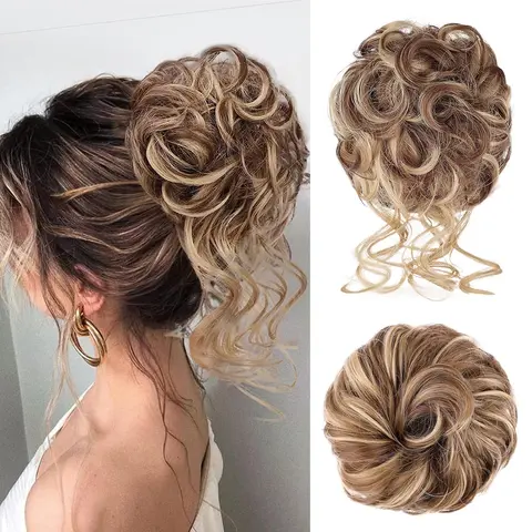 AISI HAIR Mixed Color Messy Bun Hair Piece - 1/2PCS Wavy Curl Synthetic Extensions, Heat-Resistant Fiber Updo Chignon Fake Scrunchies, 8in Lightweight Ponytail Extension for Women, Premium Sohochic