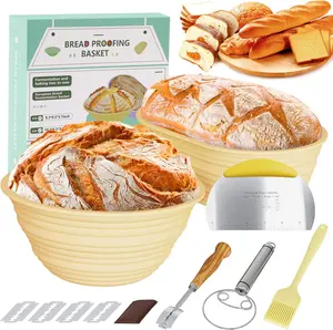 Sourdough Bread Baking Supplies,Silicone Banneton Bread Proofing Basket set of 2, Foldable Sourdough Proofing Basket,9" Round & 10" Oval Sourdough Starter Kit, Bread Making Tools