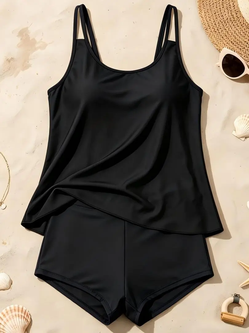 Women's Ultra-Minimalist Relaxed Swimdress - Anti-Slip Fine Back Shoulder Straps, Adjustable Waist, Flowing Full-Coverage Top, Stretchy Full-Coverage Shorts, Breathable Beachwear for Family Pool Parties