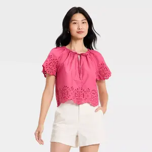 Women's Short Sleeve V-Neck Button-Front Eyelet Blouse - A New Day