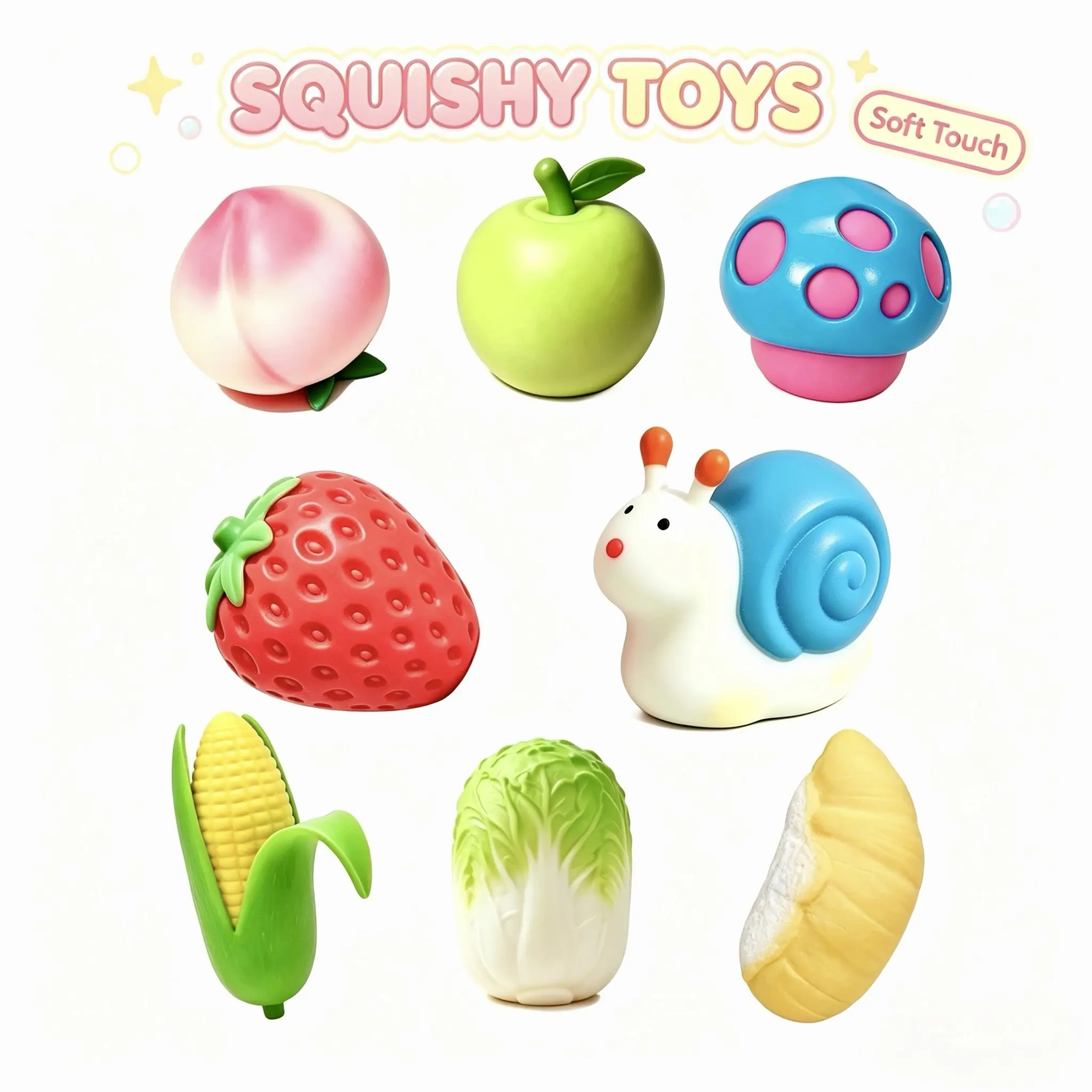 8Pcs Cute Fruit Vegetable Snail Squishy Toy, Soft Slow Rebound Stress Relief Squeeze Fidget Toy, Novelty Gift for Kids Adults