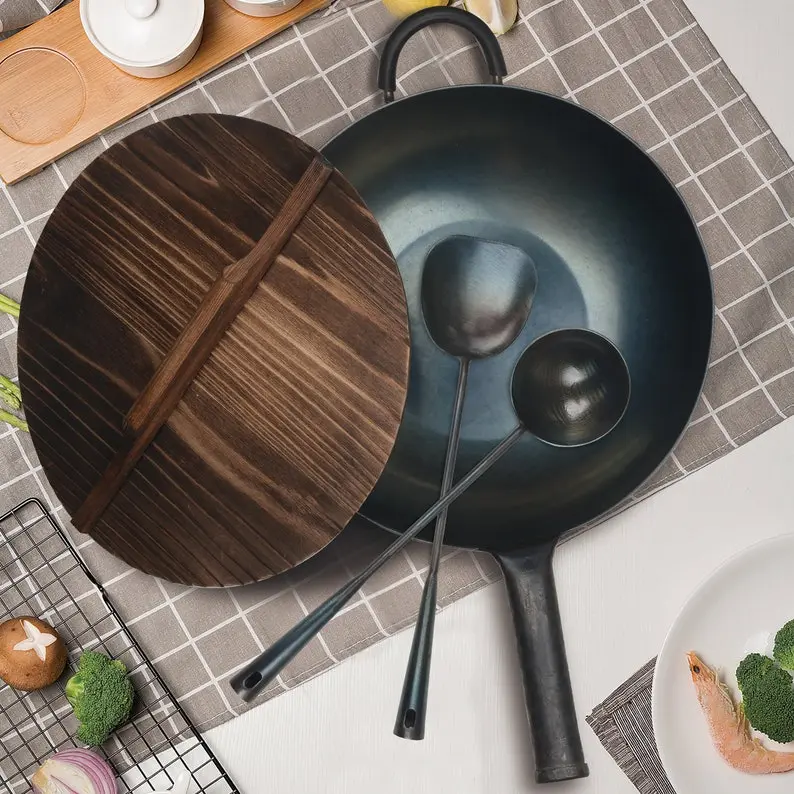 ZhenSanHuan Hand-Hammered Flat Bottom Iron Handle Wok Set - Traditional Patina Finish Cookware, Induction Safe Magnetic Pans, Eco-Friendly Anti-Adhesive Design, Set Includes Matching Pans & Woks, 12-13 Inch