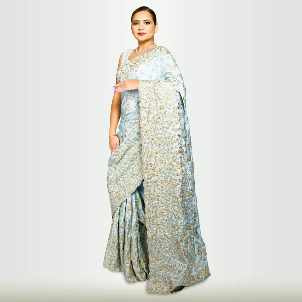 Satin Silk saree with beadwork embroidery - Sky Blue