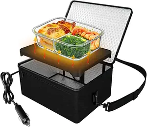 [90W Faster] Portable Oven, 12V   Warmer Portable Personal Mini Oven Electric Heated Lunch Box for Meals Reheating &   Cooking for Road Trip/Camping/Picnic/Family Gathering(Black)