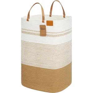 Large Laundry Hamper – 75L Tall Woven Cotton Basket with Handles, Slim Dirty Clothes Hamper, Decorative Basket for Blanket,Toys White & Jute