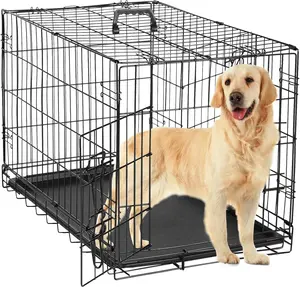 24-Inch Foldable Metal Dog Crate with Double Doors Divider Leak-Proof Removable Tray & Carry Handle Collapsible Wire Kennel for Small Dogs Black