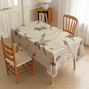 1pc Tablecloth, Retro Purple Floral Printed Luxury Tassel Tablecloth, Rectangular Dining Table Cover, Elegant Floral Pattern Table Mat, Suitable for Dining Room / Party / Outdoor Decoration, 2D Flat Printing