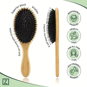Bamboo Handle Cushion Hair Brush, Boar Bristle and Nylon Mixed Bristles Anti-Static Detangling Scalp Massage, Gasbag Air Cushion Hairbrush for Women Men Home Styling Unisex Usage