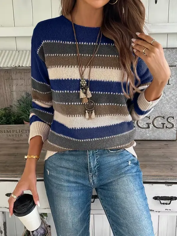 Women's Casual Striped Pullover Sweater - Soft Crew Neck Long Sleeve, Brown/Beige/Red/White Horizontal Stripes, All-Season Comfort, Regular Fit for Casual Attire, Durable Comfort Wear