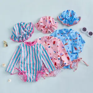 My First 4th of July Swimsuit Infant Baby Girl  Popsicle Long Sleeve  Rash Guard with Hat Zipper Bathing Suit