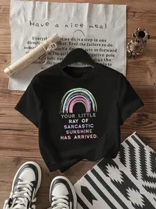 Short Sleeve Graphic Tee, Fitted, Sarcastic Rainbow Pattern, Soft Elastic Cotton Fabric, Casual Home Wear, Trendy Daily, Humorous Sarcasm Style