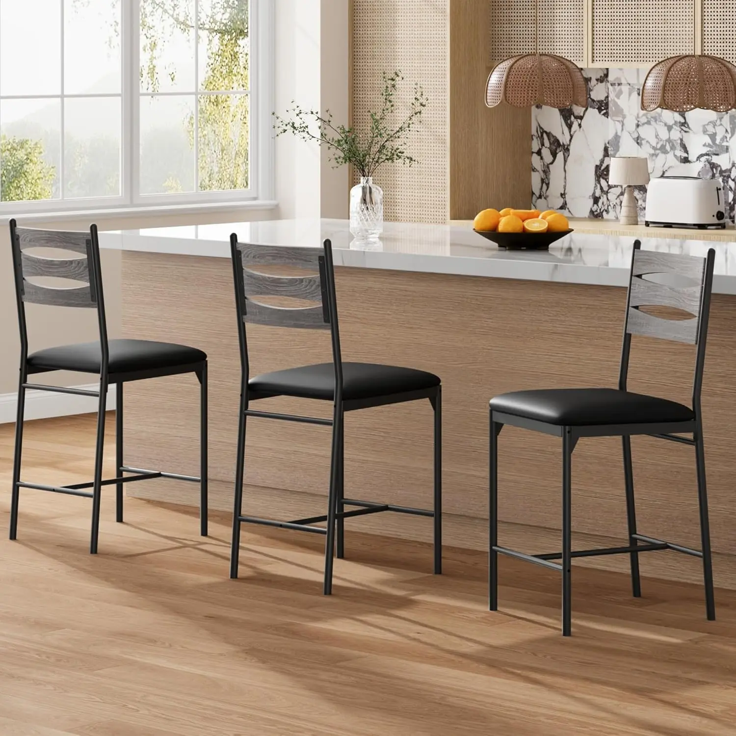 Gaomon 2-Piece Sturdy Furniture Barstools - PU Leather Upholstered, 4 Inch Thick Foam Cushion, Back-Friendly Comfy Counter Height Wooden Bar Chairs with Backrest, Footrest, Anti-Rust, Without Arms (Grey)