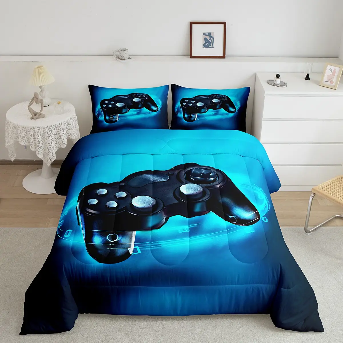 Gaming Bed Comforter Sets,Blue Gamer Bedding Set Twin Full Queen King Size, Video Game Duvet Set with Pillowcase Gamepad Room Decor Soft Cozy