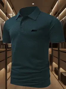 Men's Summer Polo Shirt with Square Grid Pattern, Comfortable Jacquard Short Sleeve, Fashionable Textured Collar, Casual Business Daily Wear
