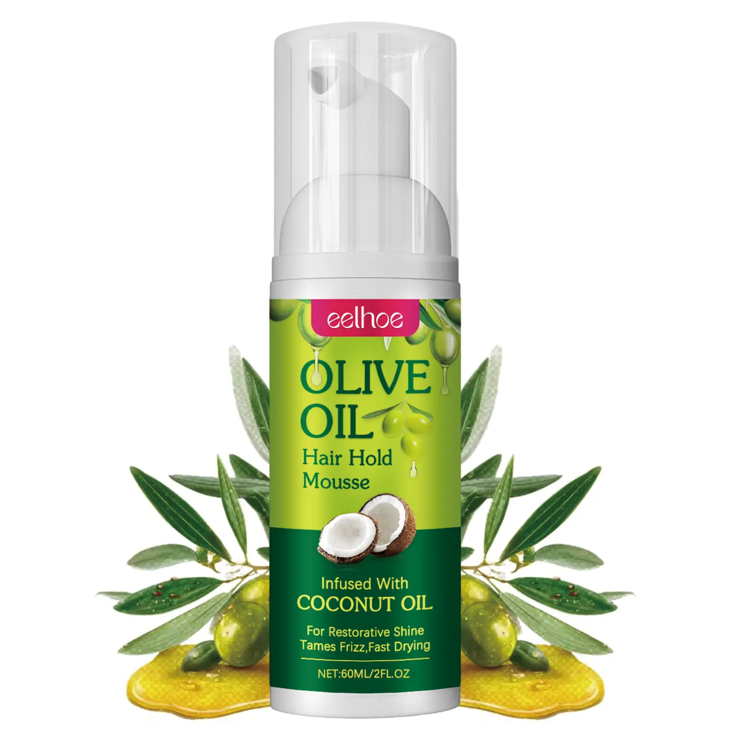 Olive Oil Hair Hold Mousse with Coconut Oil, Fast Drying Styling Foam for Restorative Shine, Tames Frizz & Defines Curls, Lightweight Hair Styling Mousse for Women & Men, 60ML