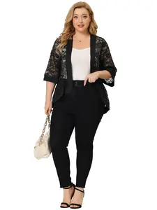 Agnes Orinda Plus Size Open Front Cardigan Lace Crochet 3/4 Sleeve Loose Casual Cover Up