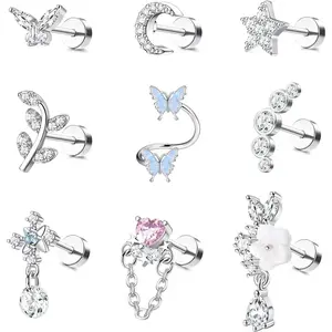 16 Gauge Cartilage Earrings Helix Earrings for Women Stainless Steel Helix Piercing Jewelry Leaf Butterfly CZ Studs Flat Back Cartilage Earrings Set 9Pcs
