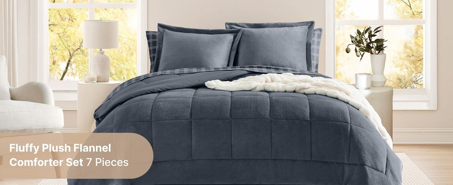 Plush Queen Comforter Set Blue Grey, Flannel Velvet Comforter Sets 7 Pieces Bed in a Bag, Soft Warm Winter Bedding Set with Sheets, Pillowcases & Shams Plush Queen Comforter Set Blue Grey, Flannel Velvet Comforter Sets 7 Pieces Bed in a Bag, Soft Warm Winter Bedding Set with Sheets, Pillowcases & Shams