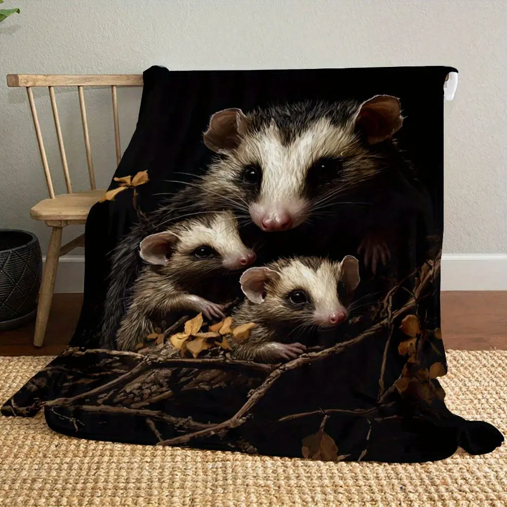 Cozy Opossum Print Flannel Car Nap Blanket - All-Season Polyester Interior Accessory