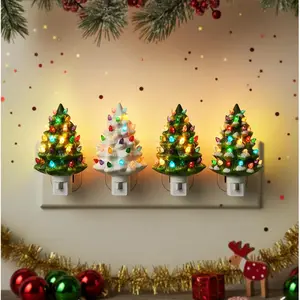 Christmas Ceramic Tree Night Light 4 Pack - 6" H Tabletop Holiday Nostalgic Decorative Lights with ON/Off ,  Night Light for  Bedroom Bathroom Living Room Porch Holiday Decor