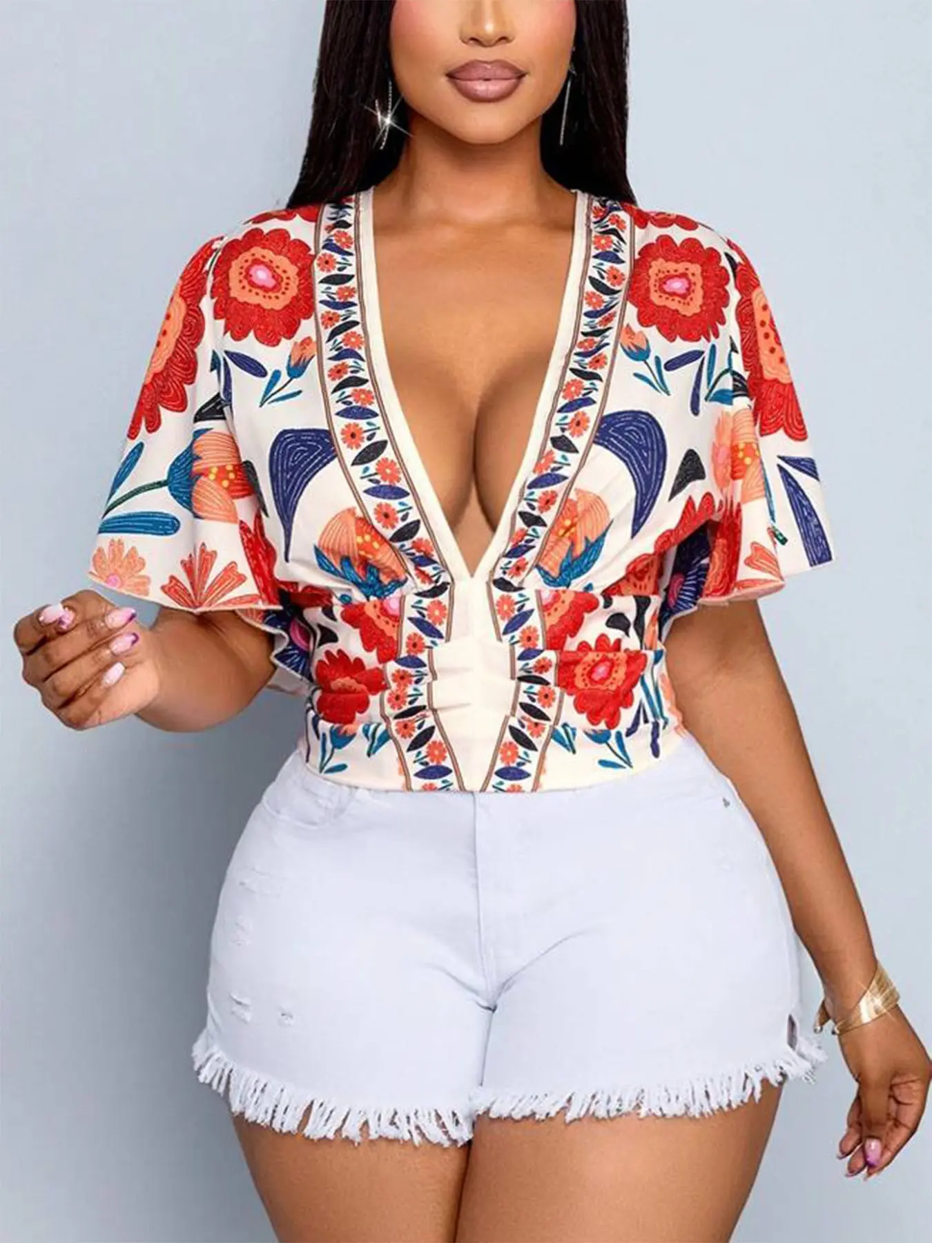 Summer Beach Party Dress, Floral Print Elegant Boho Bohemian Blouse Top, Boho Style Shirt, V-Neck Flared Short Sleeve, Back Tie Waist Shirt, Perfect for Summer Events