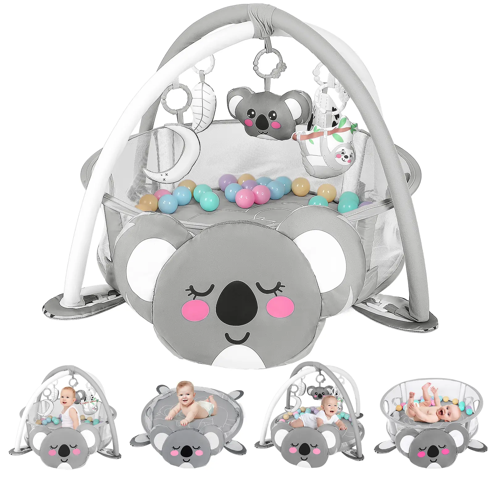 4-in-1 Baby Play Mat Baby Gym,Tummy Time Mat for Floor Activity Gym Ball Pit Including 30 Balls with 5 Infant Learning Sensory Baby Toys for Newborn Toddler Boy & Girl Gifts(Koala)