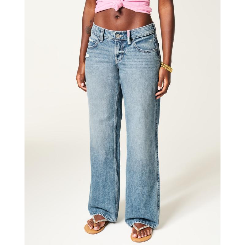 Hollister Low-Rise Medium Wash Foldover Waist Baggy Jeans