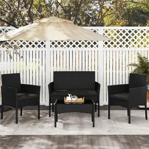 4-Piece PE Rattan Outdoor Conversation Furniture Set, Wicker Patio Sofa Set with 2-Seat Loveseat, 2 Single Chairs & Side Table for Garden, Lawn, Backyard