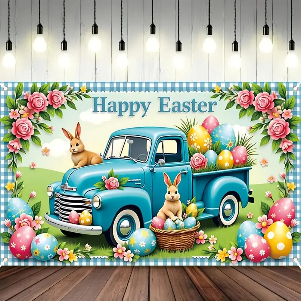 1PC 2D Flat Happy Easter Backdrop Banners - Cartoon Rabbit, Colorful Eggs, Blue Truck Design - Reusable Polyester, Versatile Use for Indoor-Outdoor Parties, Photo Booth Decor,summerwins