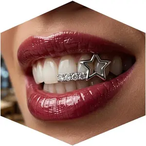 Teeth Dental Grillz Fashionable Hollow Star Bar Zirconia Combination Hip Hop Tooth Jewelry, Adjustable Fit Grillz with Star CZ Design Customizable Teeth Jewelry for Men Women Pimp Accessories