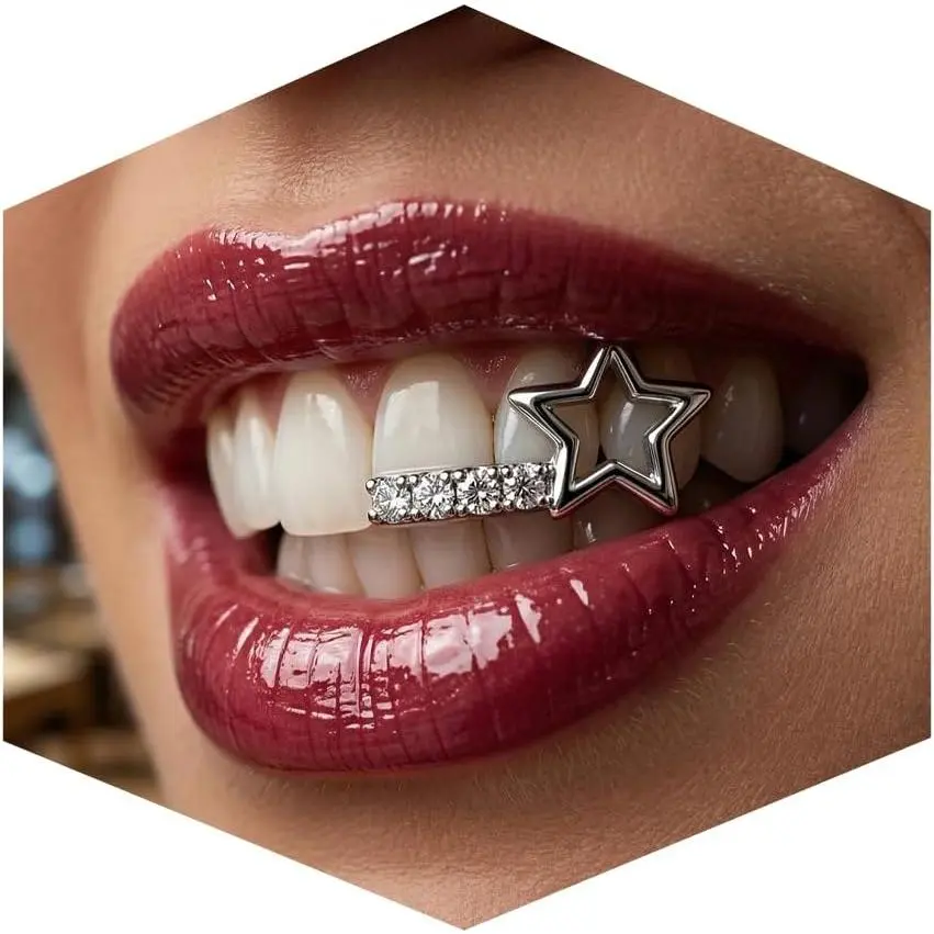 Teeth Dental Grillz Fashionable Hollow Star Bar Zirconia Combination Hip Hop Tooth Jewelry, Adjustable Fit Grillz with Star CZ Design Customizable Teeth Jewelry for Men Women Pimp Accessories
