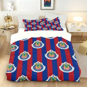 Chivas de Guadalajara Duvet Cover Set 2/3 Piece (1 Duvet Cover + 1-2 Pillowcases, No Comforter Included), Red & Blue Stripe Logo Print Bedding for Bedroom & Dorm