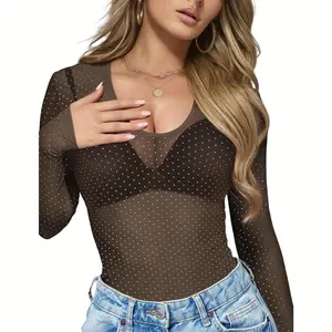 Women’s mesh long-sleeve top, lace see-through top, see-through polka dot mesh shirt