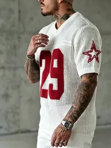 Men's Summer Sport Style Short Sleeve T-Shirt, V-Neck Breathable Mesh Knit Pullover, Casual Daily Wear Top, Loose-Fitting Stars Pattern, Breathable Tops
