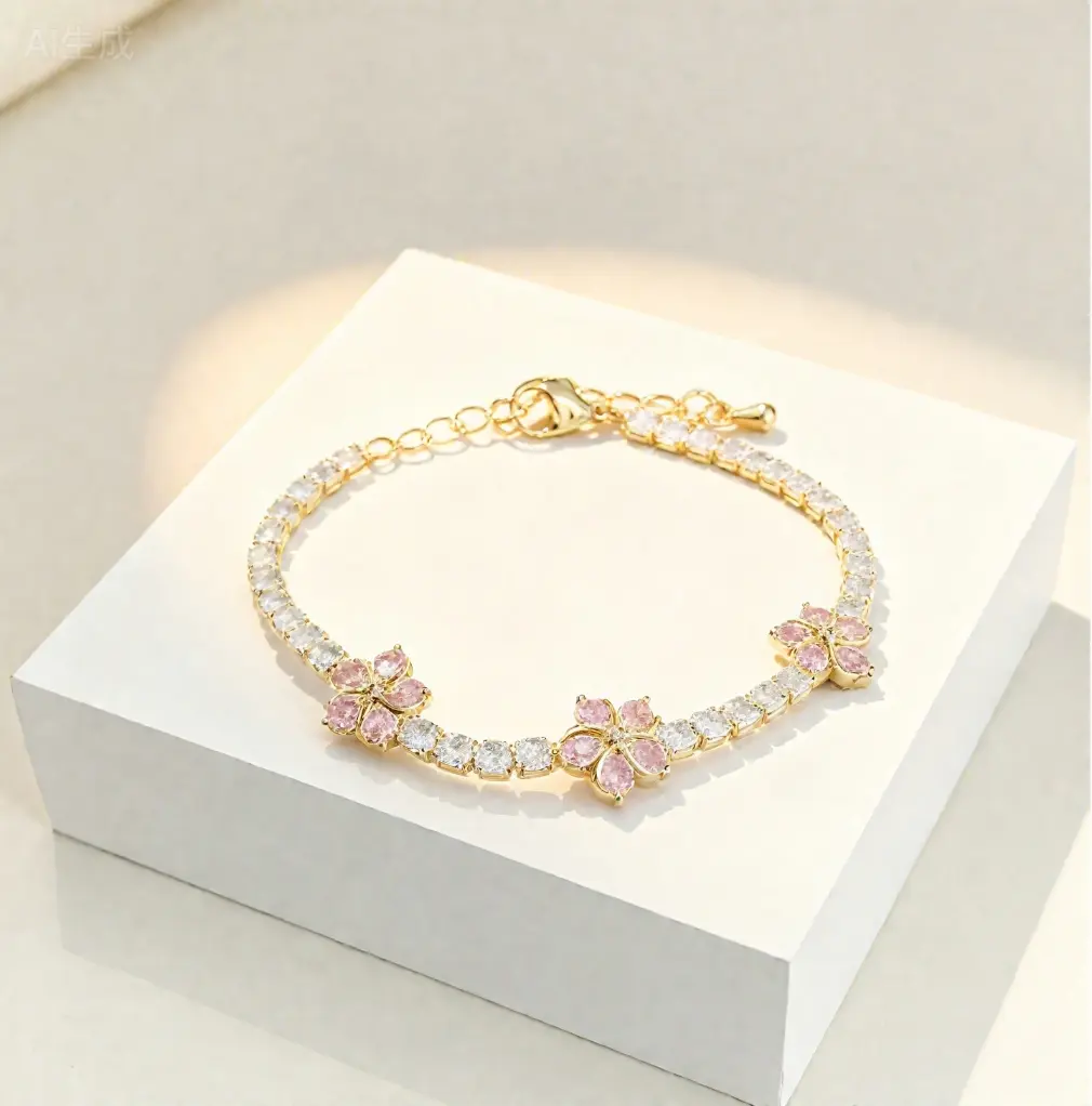 Dainty Pink Tiny Flowers Bracelet for Women, Minimalist Polished Metal Chain, Adjustable Size for Daily Wear, Birthday Gift for Her, Exquisite Flower Detailing, Versatile Daily Accessory