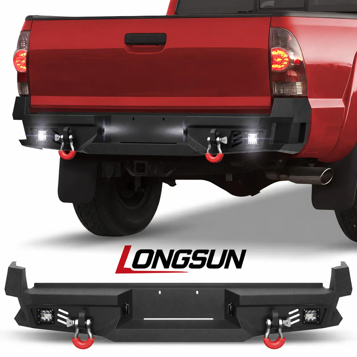 Longsun Heavy Duty Steel Off-Road Rear Bumper Replacement for 2005-2015 Toyota Tacoma (2nd Gen Vehicle), with Tow Hook Mount Plate, Car Door Handle, LED Lights, Chrome Trim, Car Accessories, Automotive Exterior Upgrade Parts