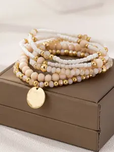 4pcs Bohemian Vintage Wooden Beaded Multi-Layer Bracelet Set, Jewelry For Women, Gift Jewelry, Beaded Bracelets