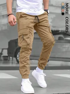 Men's Solid Flap Pocket Cargo Pants, Regular Fit Casual Comfy Elastic Waist Casual Plain Trousers for Daily Wear, Fashion Men's Bottoms for All Seasons, Fitted Pants