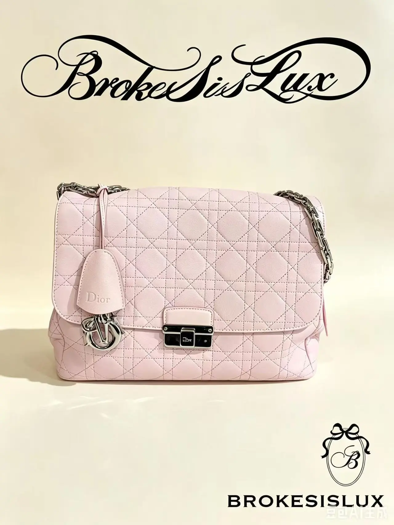 Pre-owned Dior Soft Pink Cannage Quilted Leather Flap Shoulder Bag, Silver D Lock Hardware, Adjustable Metal Chain Strap